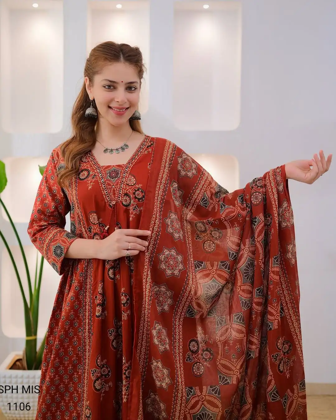 Pure Cotton Ajrakh Print Anarkali Suit Set with Handworked Neck & Dupatta